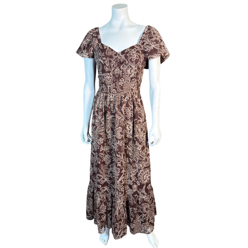 Patrons of‎ Peace Brown Floral Paisley Smocked Maxi Dress J3376F32 Small